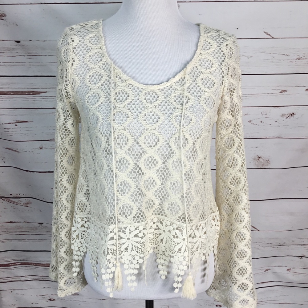 Crochet Boho Fringe‎ Top Ivory Size Small